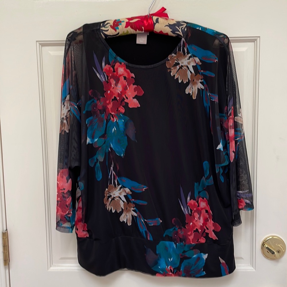 Chico’s black floral mesh top size 8
